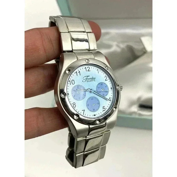 Fondini Watch Silver Blue Face Quartz Womens Original Box Swiss Driven Movement - Picture 6 of 11